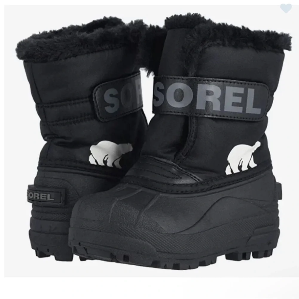 Sorel snow boots commander black faux fur pull on waterproof boys 9